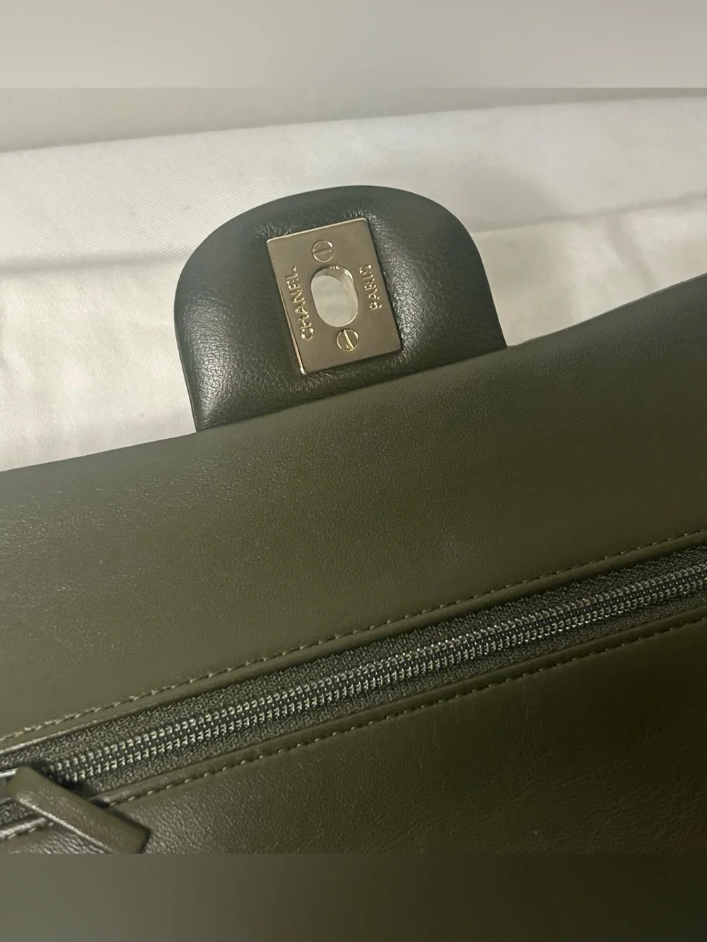 CHANEL Small Classic Double Flap Lambskin Quilted Handbag Olive / Gold Hardware